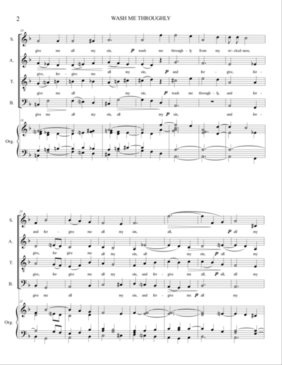 WASH ME THROUGHLY - Wesley - For SATB Choir and Organ 4-Part scores gallery preview page 2