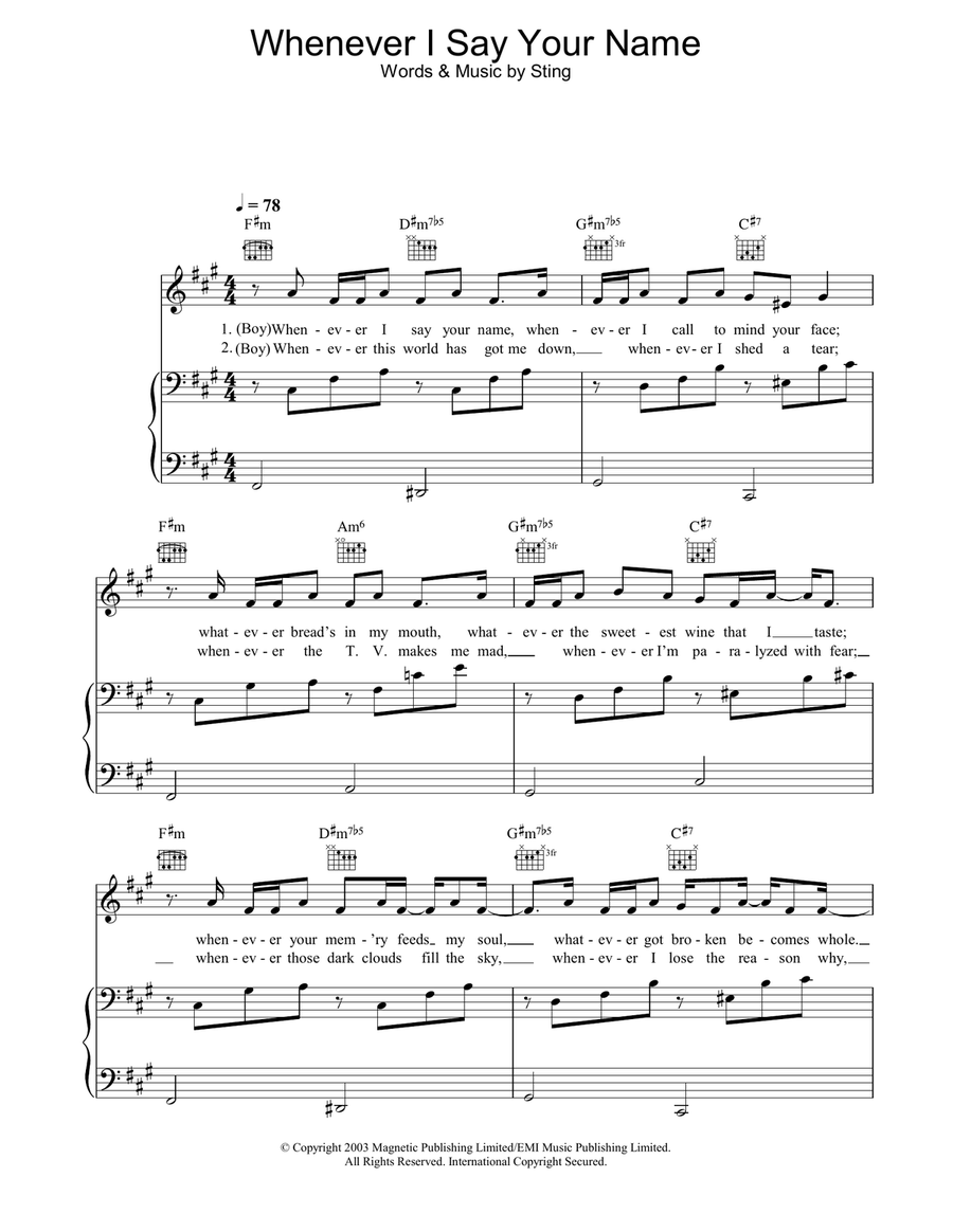 Whenever I Say Your Name Piano, Vocal, Guitar scores gallery preview page 1