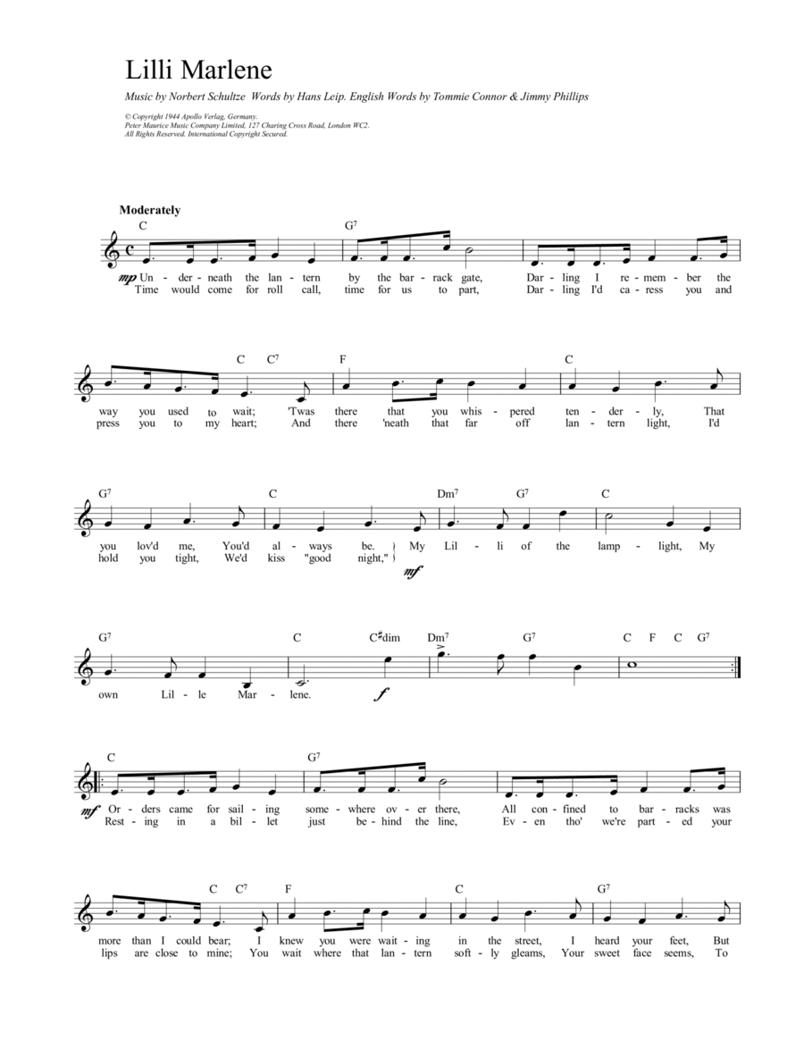 Lili Marlene Lili Marlene Piano scores gallery preview page 1
