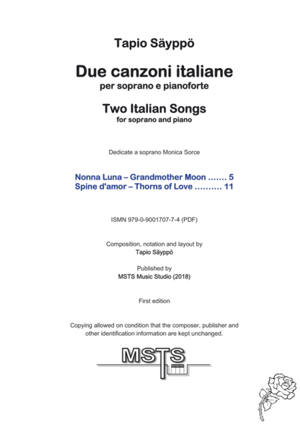 Due canzoni italiane per soprano e pianoforte – Two Italian Songs for soprano and piano image number null