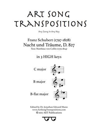 SCHUBERT: Nacht und Träume, D. 827 (in 3 high keys: C, B, B-flat major)