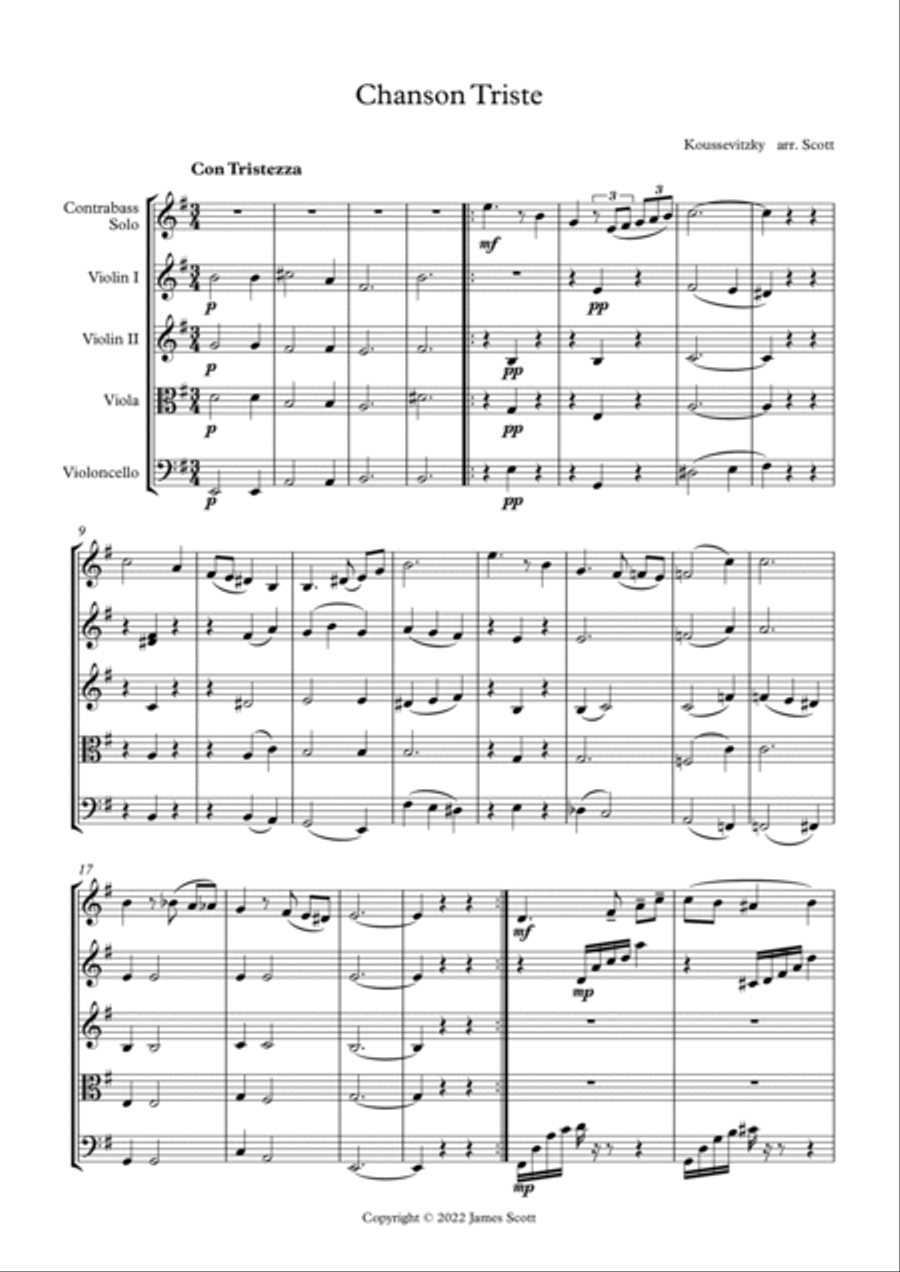 Chanson Triste arranged for solo double bass in solo tuning and string quartet/string orchestra String Quartet scores gallery preview page 2