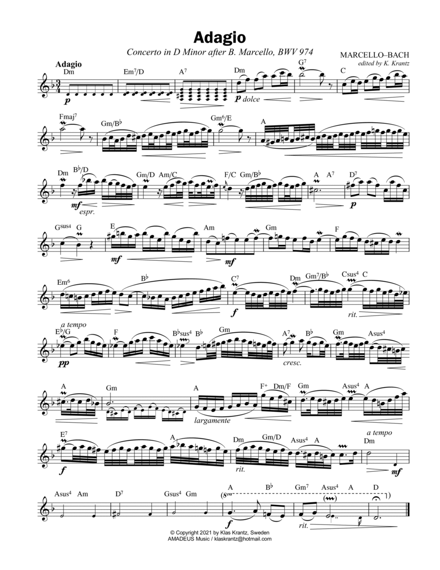 Adagio BWV 974 from Concerto in D Minor after Marcello, lead sheet with guitar chords Easy Guitar scores gallery preview page 1