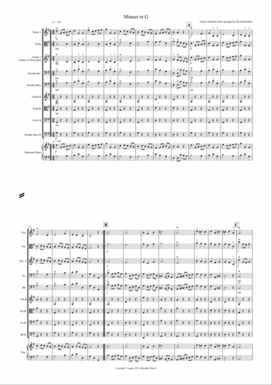 Minuet in G by Bach for Mixed Level String Orchestra String Orchestra scores gallery preview page 1