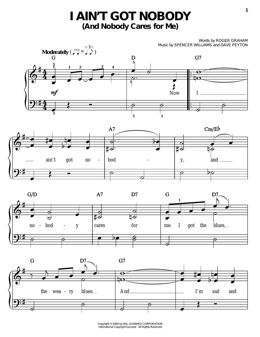 I Ain't Got Nobody (And Nobody Cares For Me) Easy Piano scores gallery preview page 1