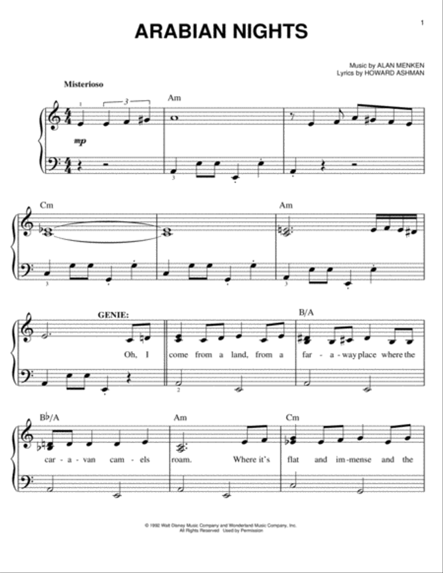 Arabian Nights (from Aladdin: The Broadway Musical) Easy Piano scores gallery preview page 1
