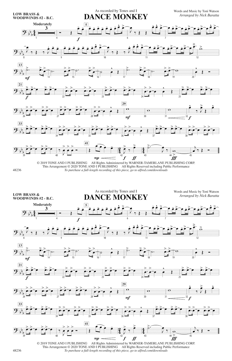 Dance Monkey: Low Brass & Woodwinds #2 - Bass Clef Marching Band scores gallery preview page 1