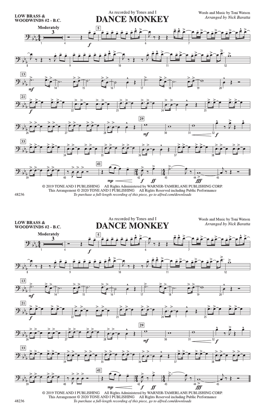 Dance Monkey: Low Brass & Woodwinds #2 - Bass Clef
