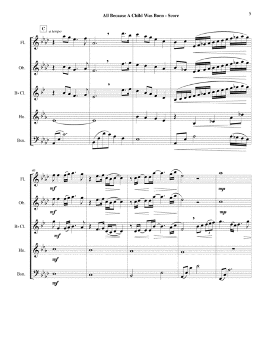 All Because A Child Was Born Woodwind Quintet scores gallery preview page 6
