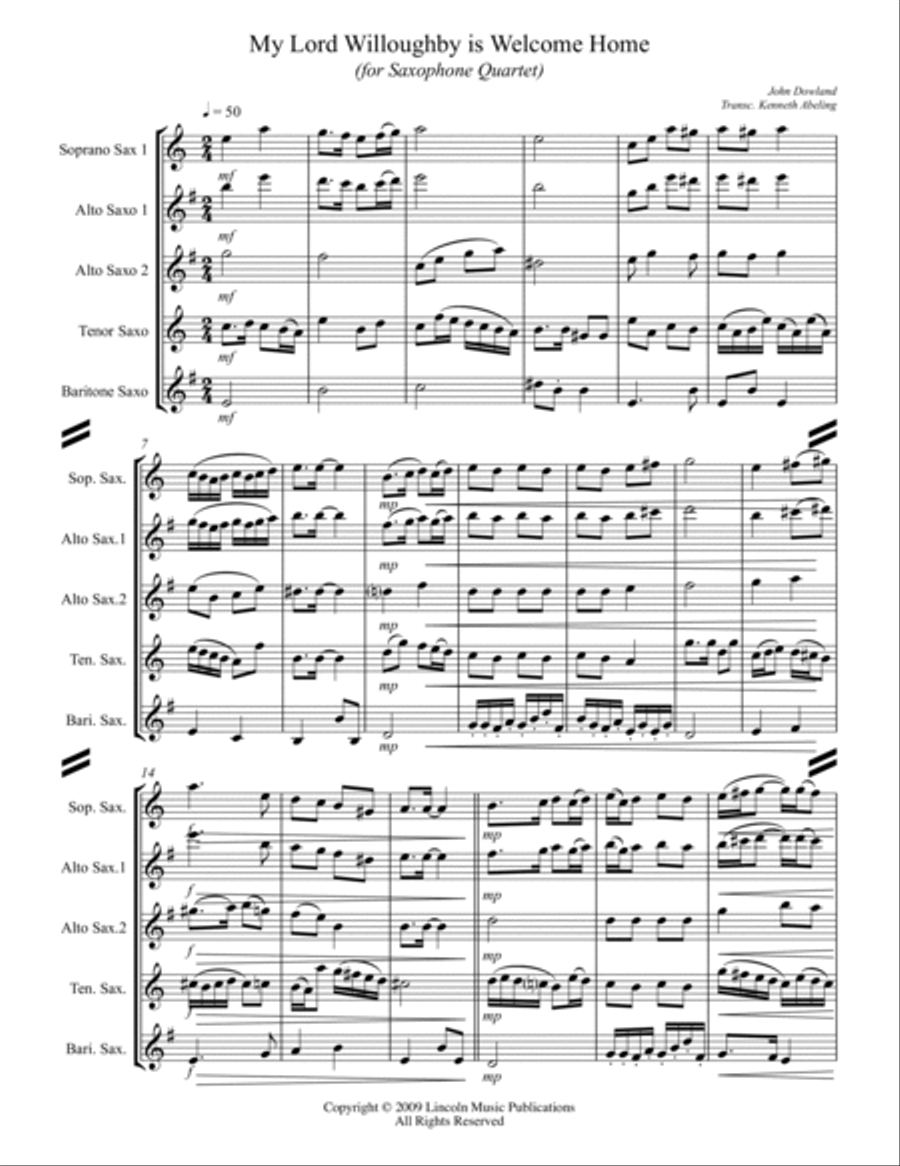 My Lord Willoughby is Welcome Home (for Saxophone Quartet SATB or AATB) Saxophone Quartet scores gallery preview page 2