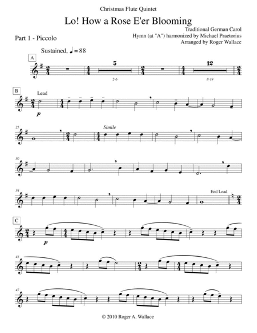 Lo! How a Rose E'er Blooming (Flute Quintet or Choir) Flute Choir scores gallery preview page 6
