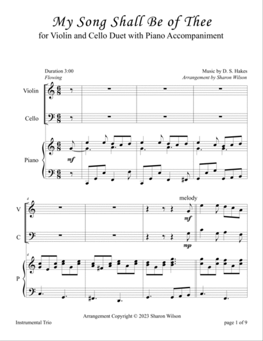 My Song Shall Be of Thee (for VIOLIN and CELLO Duet with PIANO Accompaniment) Piano Trio scores gallery preview page 5