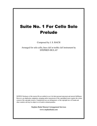 Book cover for Cello Suite No 1 in G - Prelude (Bach) - arranged for solo cello, bass clef or treble clef instrumen