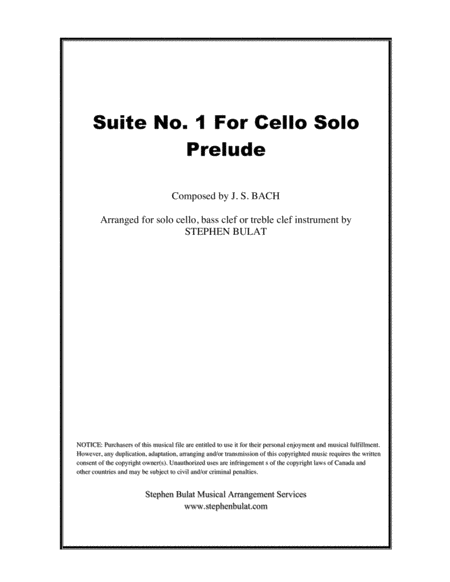 Cello Suite No 1 in G - Prelude (Bach) - arranged for solo cello, bass clef or treble clef instrumen