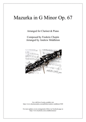 Mazurka in G Minor, Op. 67, No. 2 for Clarinet in B Flat and Piano