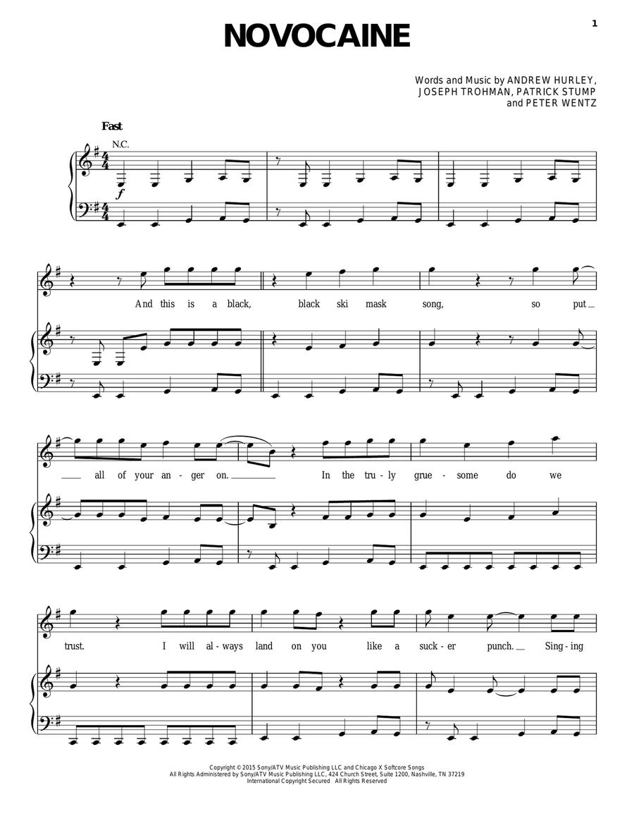 Novocaine Piano, Vocal, Guitar scores gallery preview page 1