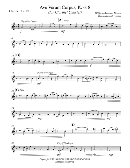 Mozart - Ave Verum Corpus (for Clarinet Quartet and Optional Organ) image number null