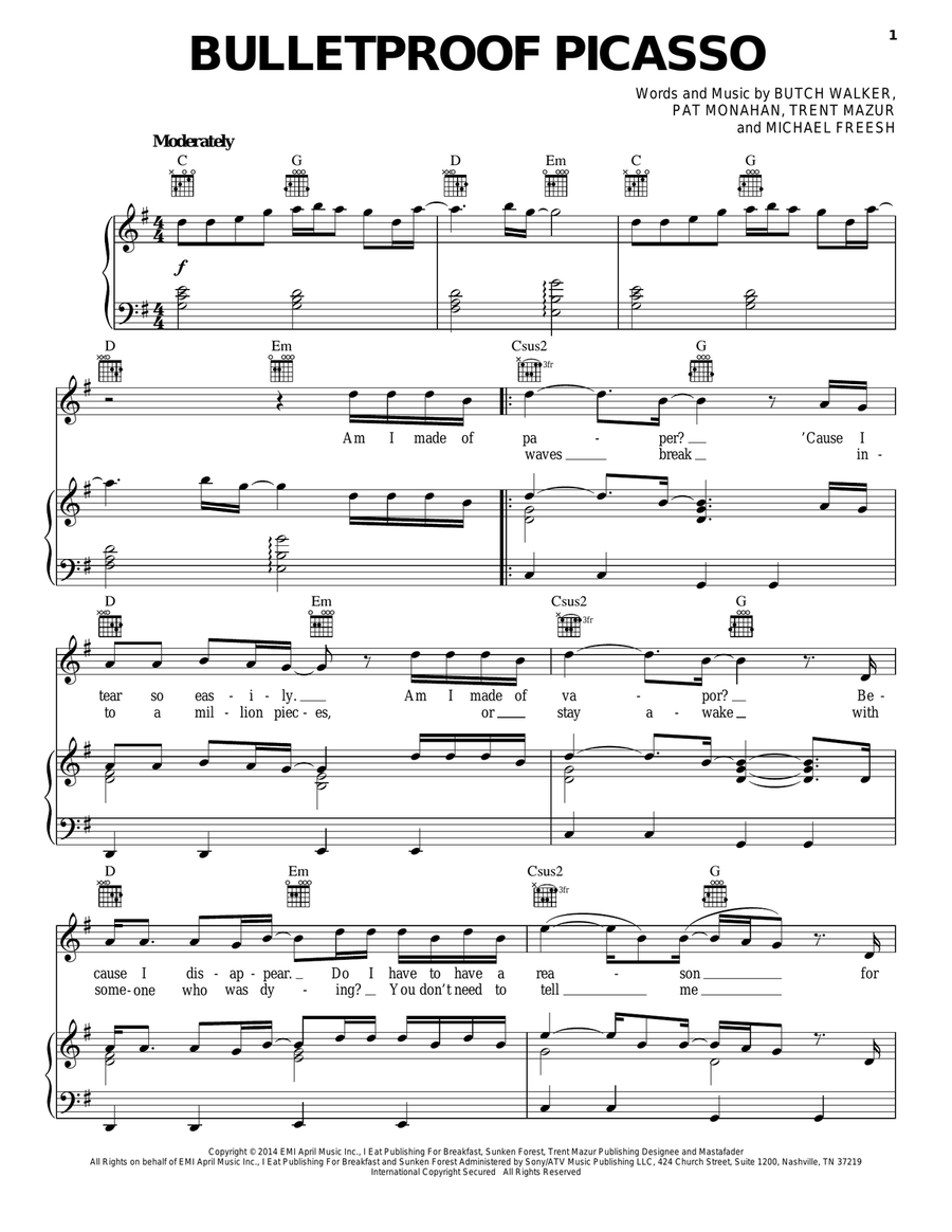 Bulletproof Picasso Piano, Vocal, Guitar scores gallery preview page 1