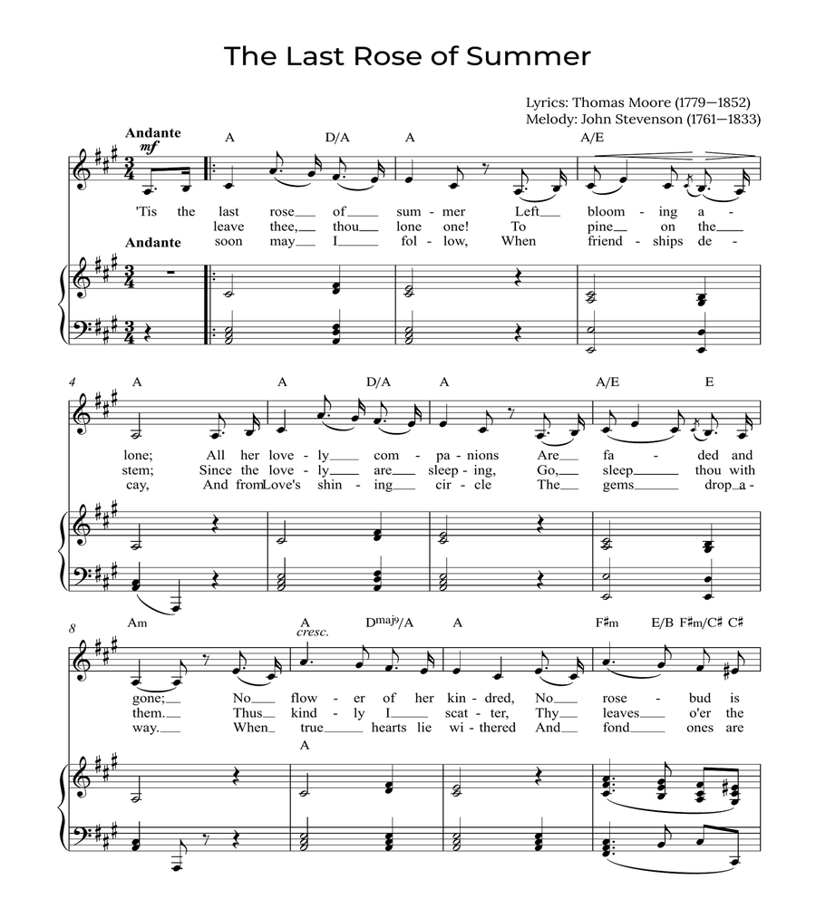 The Last Rose of Summer - Soprano with piano and chords in A Soprano Voice scores gallery preview page 1
