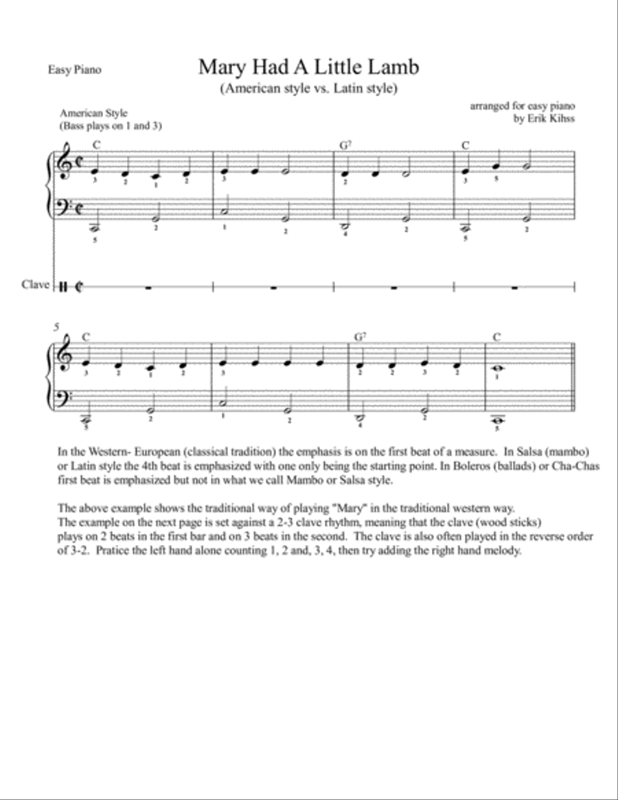 Mary Had a Little Lamb - American and Latin Style - Easy Piano Piano Method scores gallery preview page 1