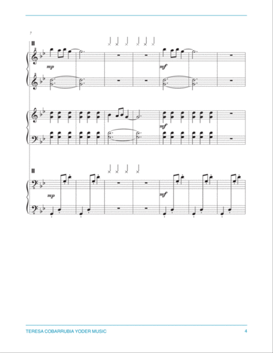 Carol of the Bells, Easy Piano Trio Arrangement (six hands, one piano) by Teresa Cobarrubia Yoder, A A Cappella scores gallery preview page 4