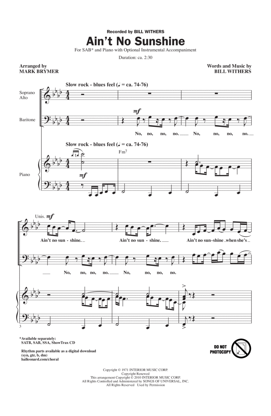 Ain't No Sunshine (arr. Mark Brymer) 3-Part scores gallery preview page 1