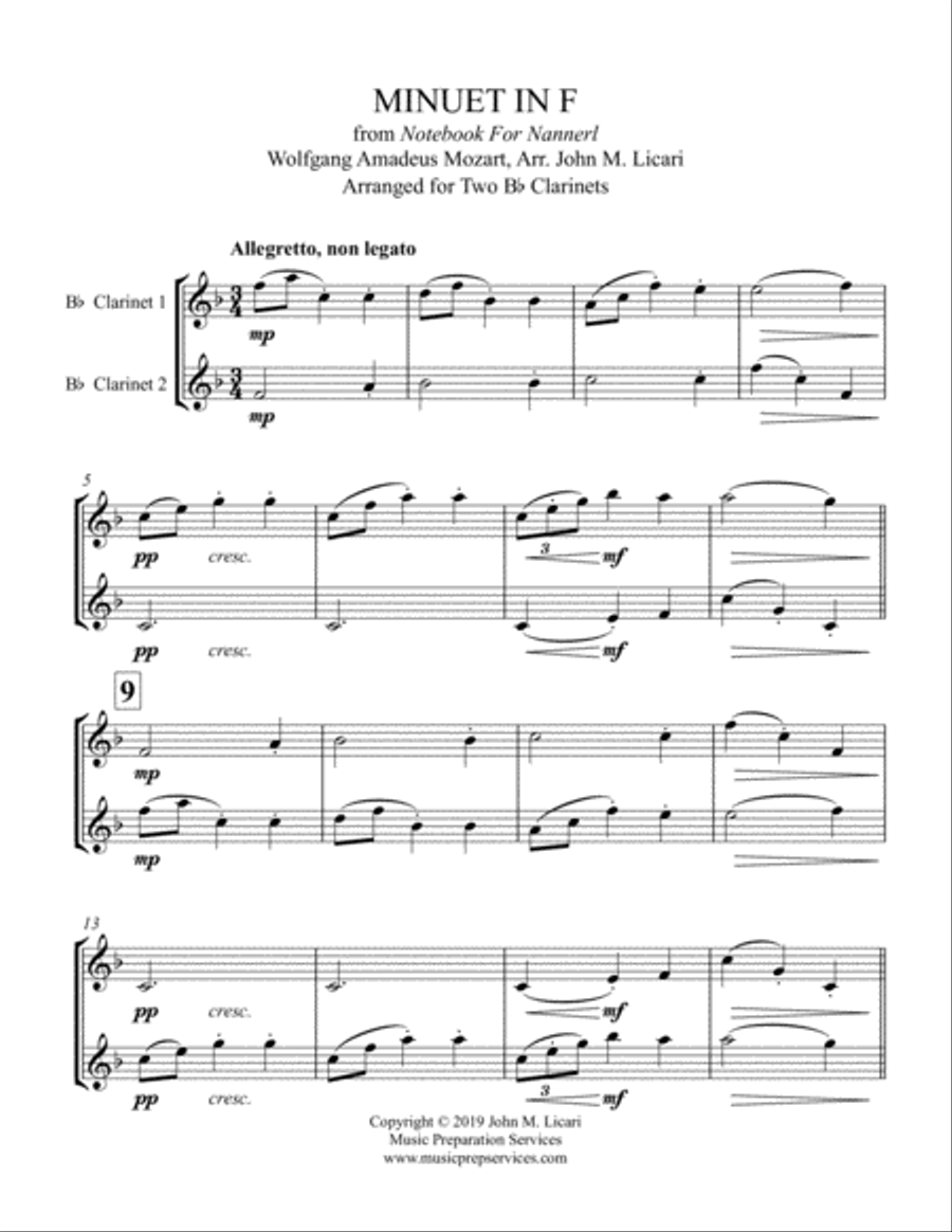 Minuet in F - Wolfgang Amadeus Mozart (Two Clarinets) Clarinet Duet scores gallery preview page 3