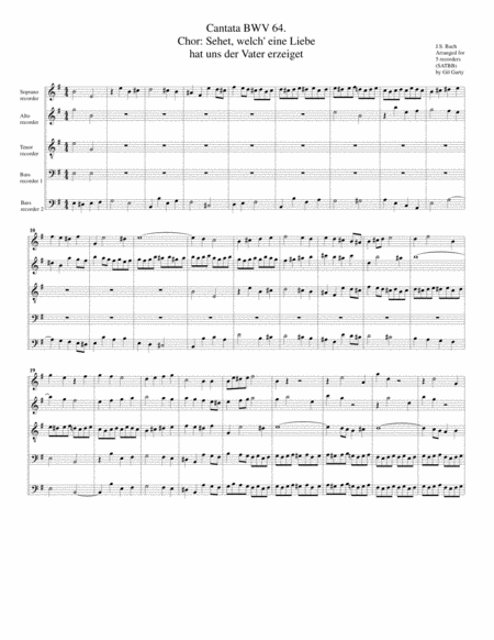 Coro: Sehet, welch eine Liebe hat uns der Vater erzeiget from Cantata BWV 64 (arrangement for 5 reco