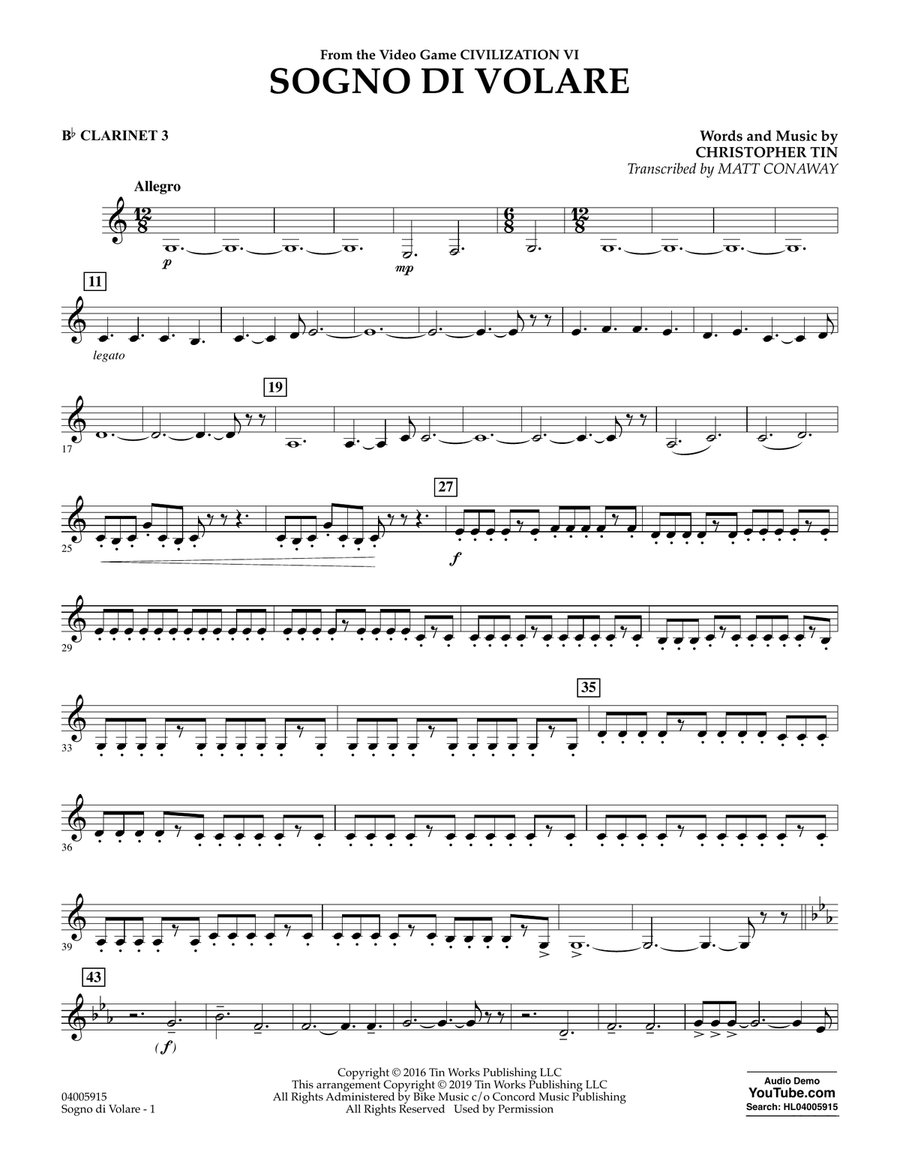 Sogno di Volare (from Civilization VI) (arr. Matt Conaway) - Bb Clarinet 3 Concert Band scores gallery preview page 1