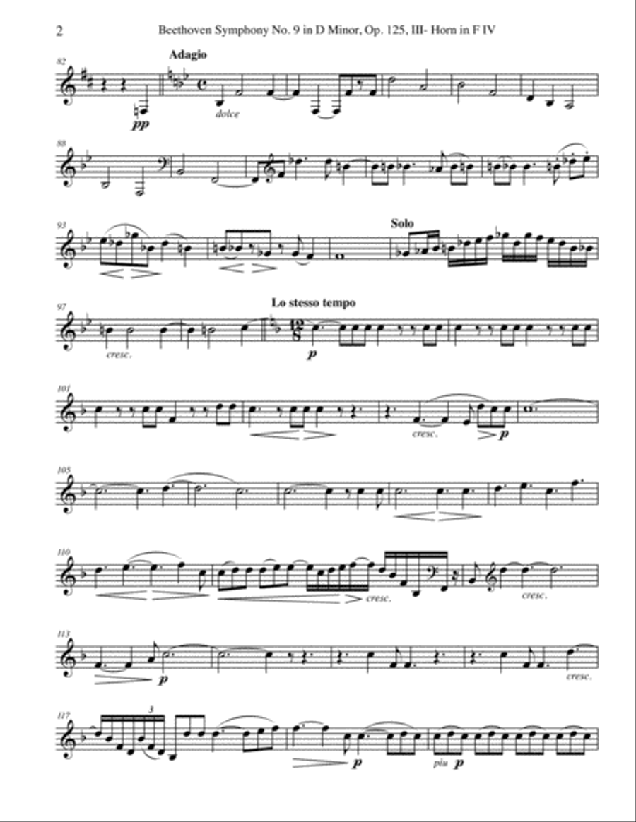 Beethoven Symphony No. 9, Movement III - Horn in F 4 (Transposed Part), Op. 125 Horn Solo scores gallery preview page 2