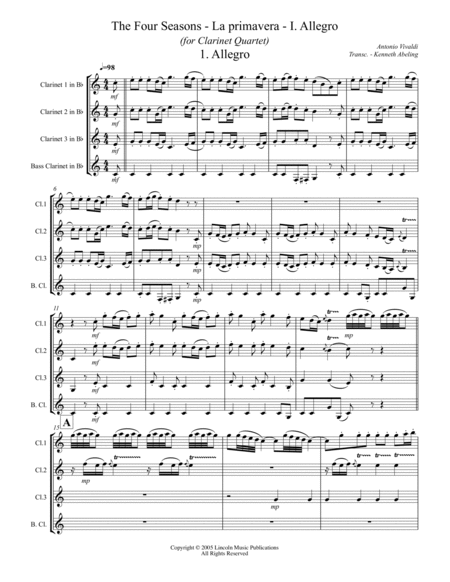 Vivaldi - La primavera - I. Allegro from The Four Seasons (for Clarinet Quartet) image number null