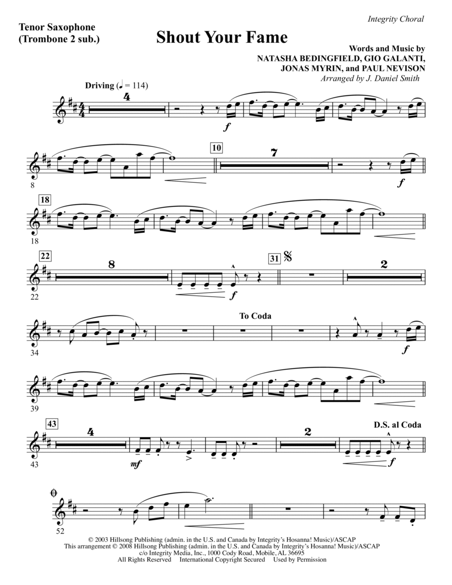 Shout Your Fame - Tenor Sax (sub. Tbn 2) Choir scores gallery preview page 1