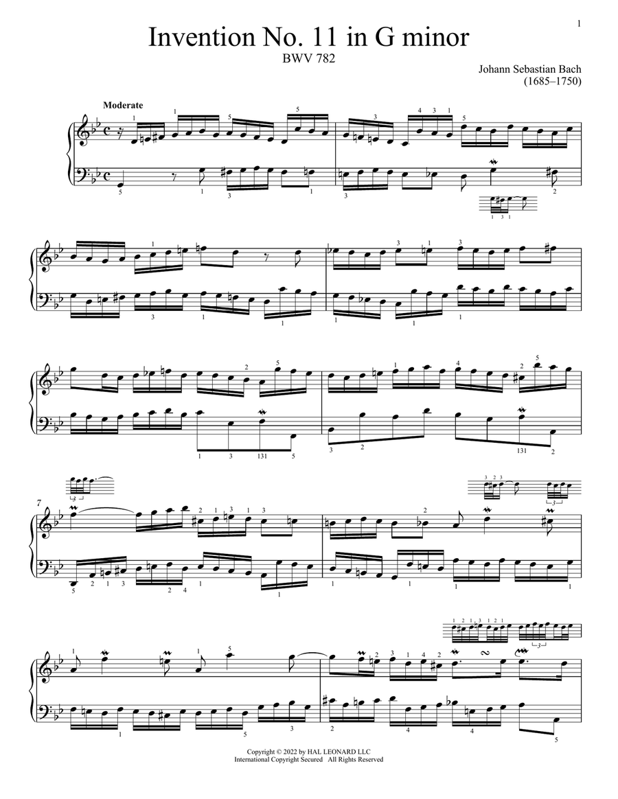 Invention No. 11 In G Minor, BWV 782 Piano Solo scores gallery preview page 1