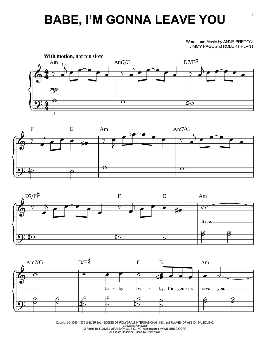 Babe, I'm Gonna Leave You Easy Piano scores gallery preview page 1