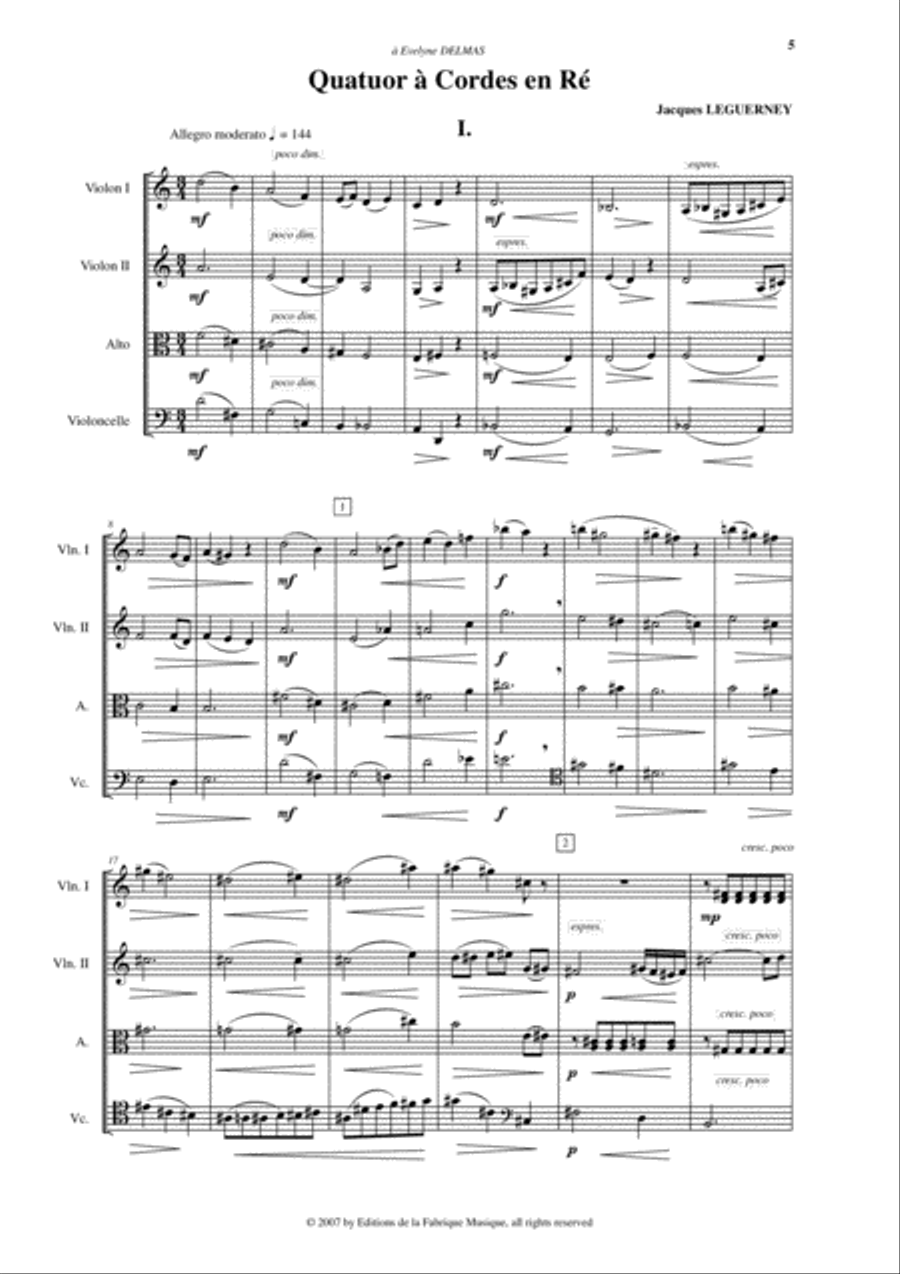 Jacques Leguerney: String Quartet in D for two violins, viola and cello String Quartet scores gallery preview page 5