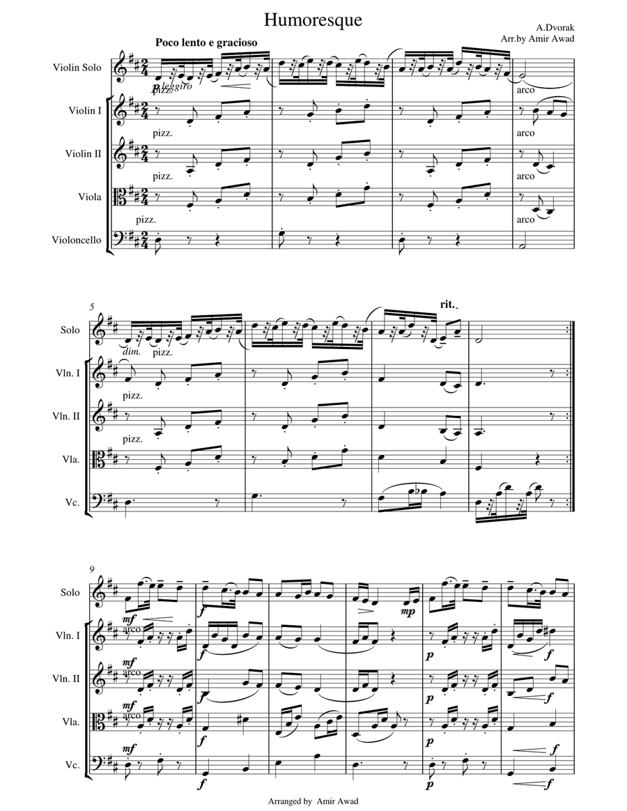 Dvorak Humoresque for Violin Solo with String Orchestra String Orchestra scores gallery preview page 1