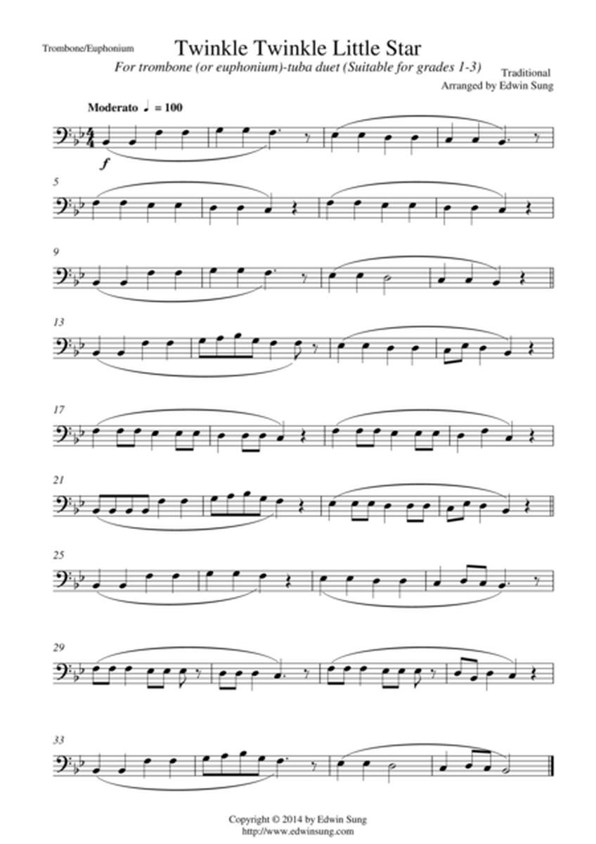 Twinkle Twinkle Little Star (for trombone/euphonium(bass)-tuba duet, suitable for grades 1-3) image number null