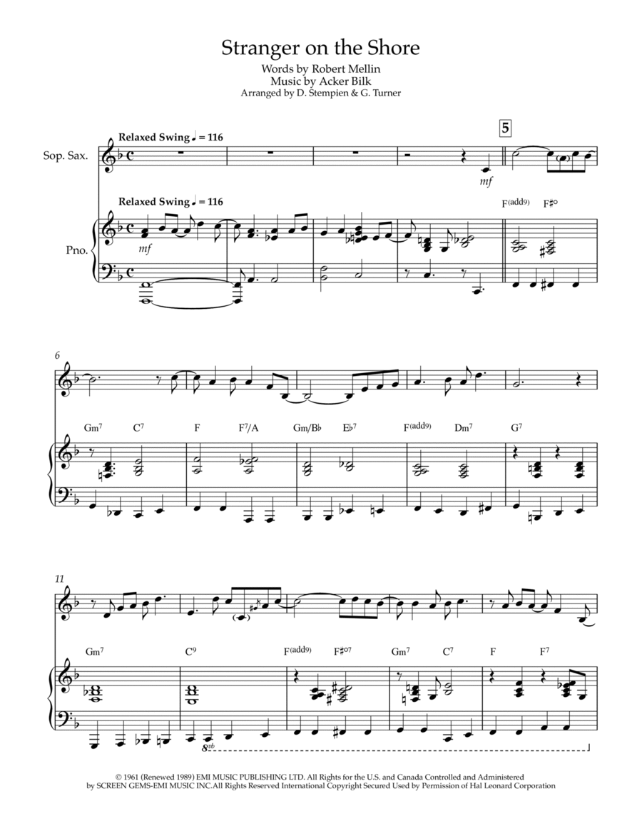 Stranger On The Shore Stranger On The Shore Soprano Saxophone scores gallery preview page 1