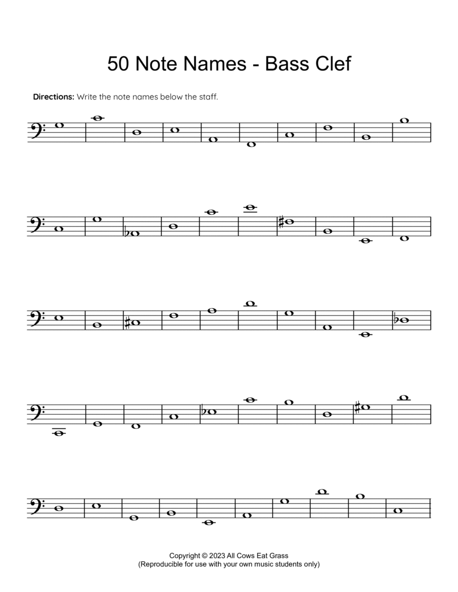 50 Note Names - Bass Clef (Reproducible Music Theory Worksheet) Reproducible Packs scores gallery preview page 1