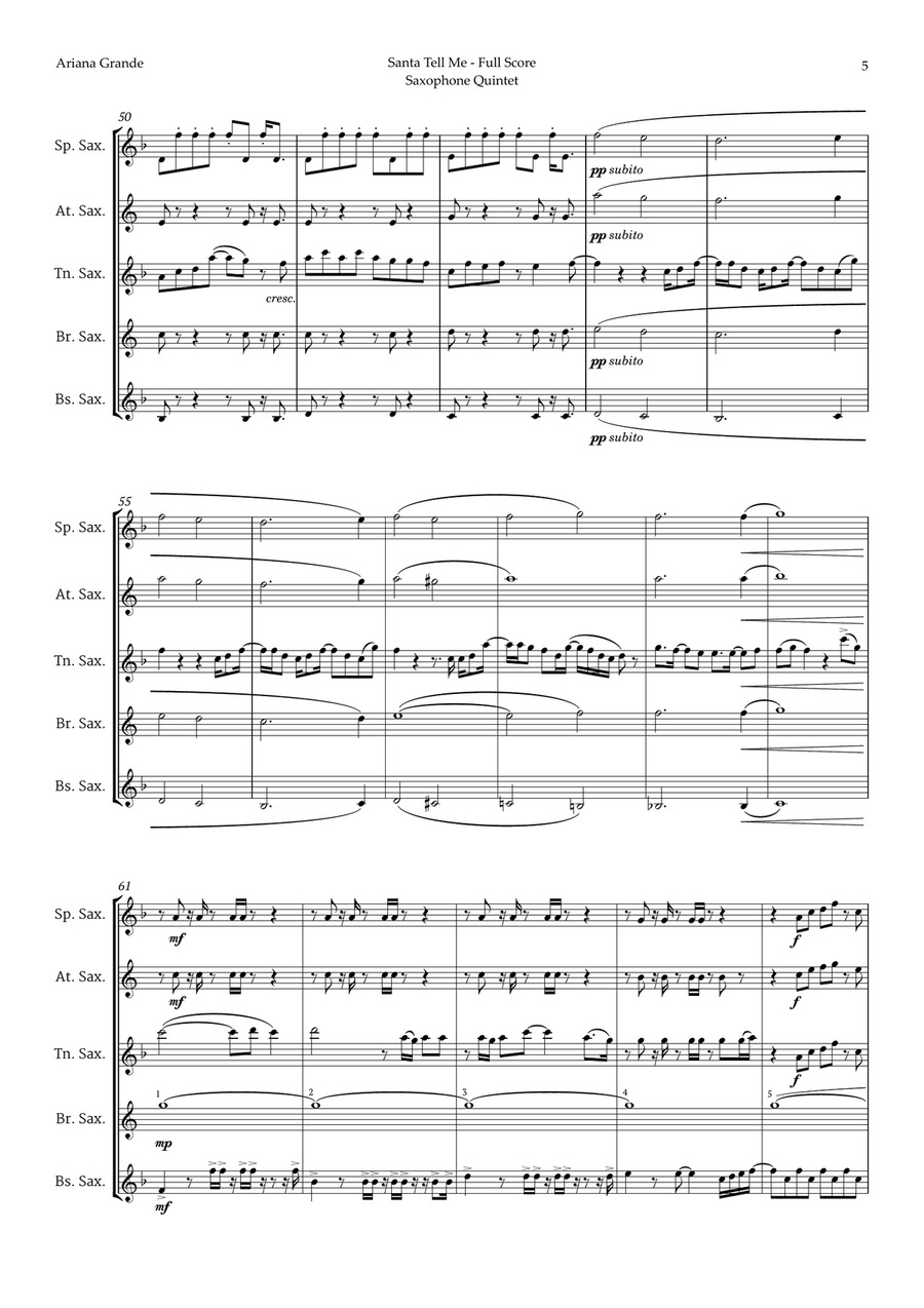 Santa Tell Me Saxophone Quintet scores gallery preview page 5