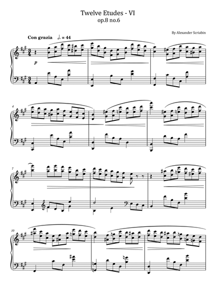 Scriabin - 12 Etudes VI - Op.8 No.6 - in A major For Piano Solo Original image number null