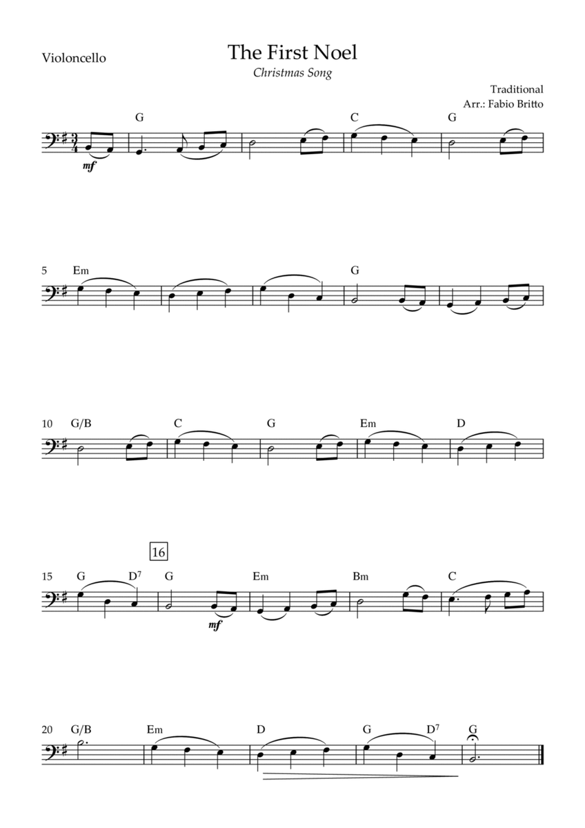 The First Noel (Christmas Song) for Cello Solo with Chords