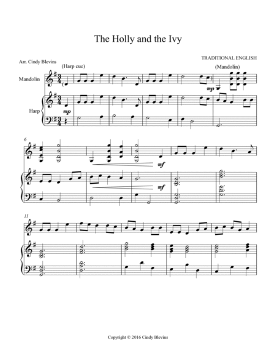 The Holly and the Ivy, for harp and mandolin Harp scores gallery preview page 2