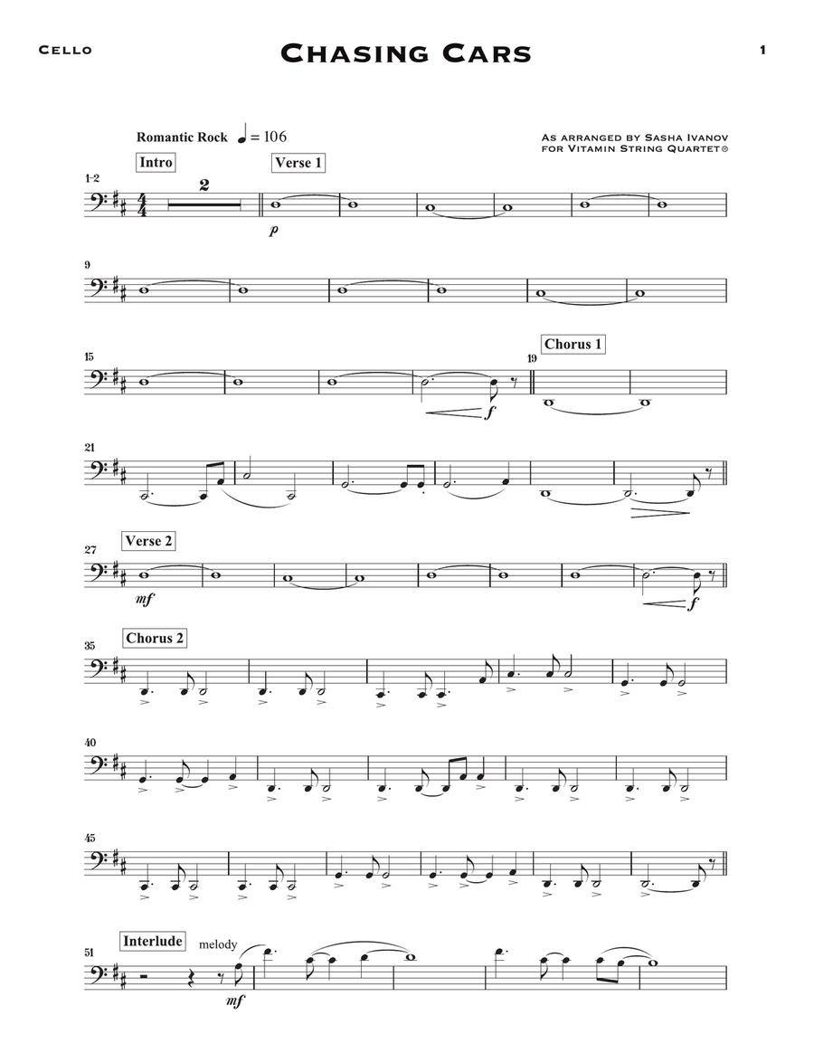 Chasing Cars (arr. Sasha Ivanov) - Cello