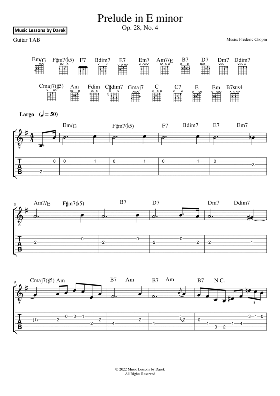 Prelude in E minor (GUITAR TAB) Op. 28, No. 4 [Frédéric Chopin] Acoustic Guitar scores gallery preview page 1