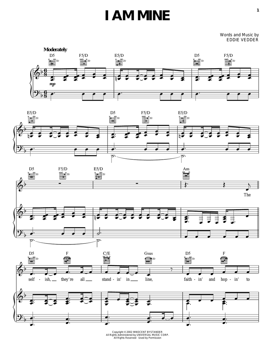 I Am Mine Piano, Vocal, Guitar scores gallery preview page 1