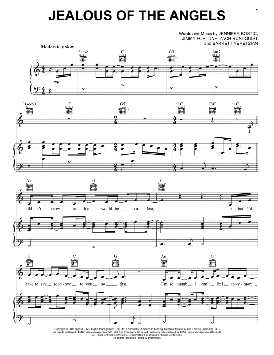 Jealous Of The Angels Piano, Vocal, Guitar scores gallery preview page 1