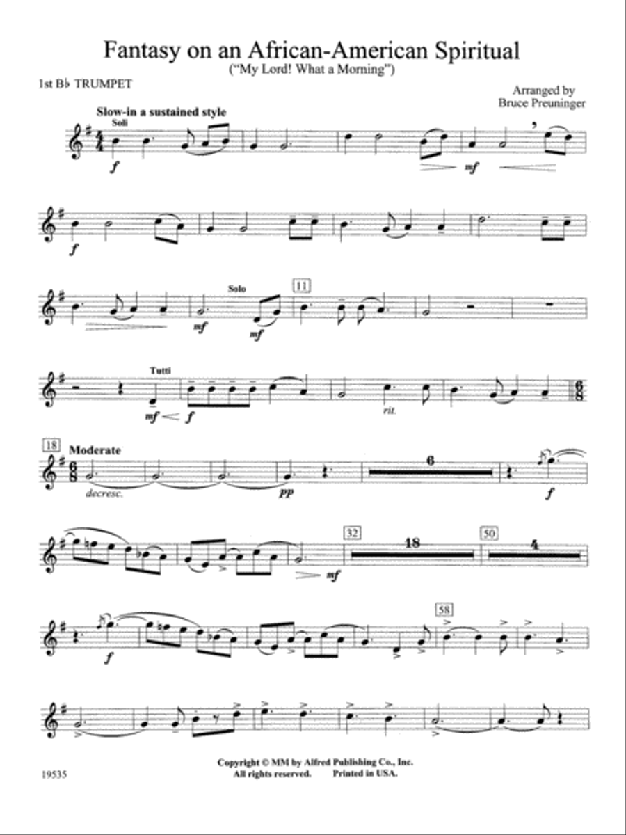 Fantasy on an African-American Spiritual: 1st B-flat Trumpet Concert Band scores gallery preview page 1