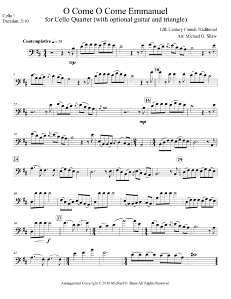 O Come O Come Emmanuel for Cello Quartet String Quartet scores gallery preview page 6