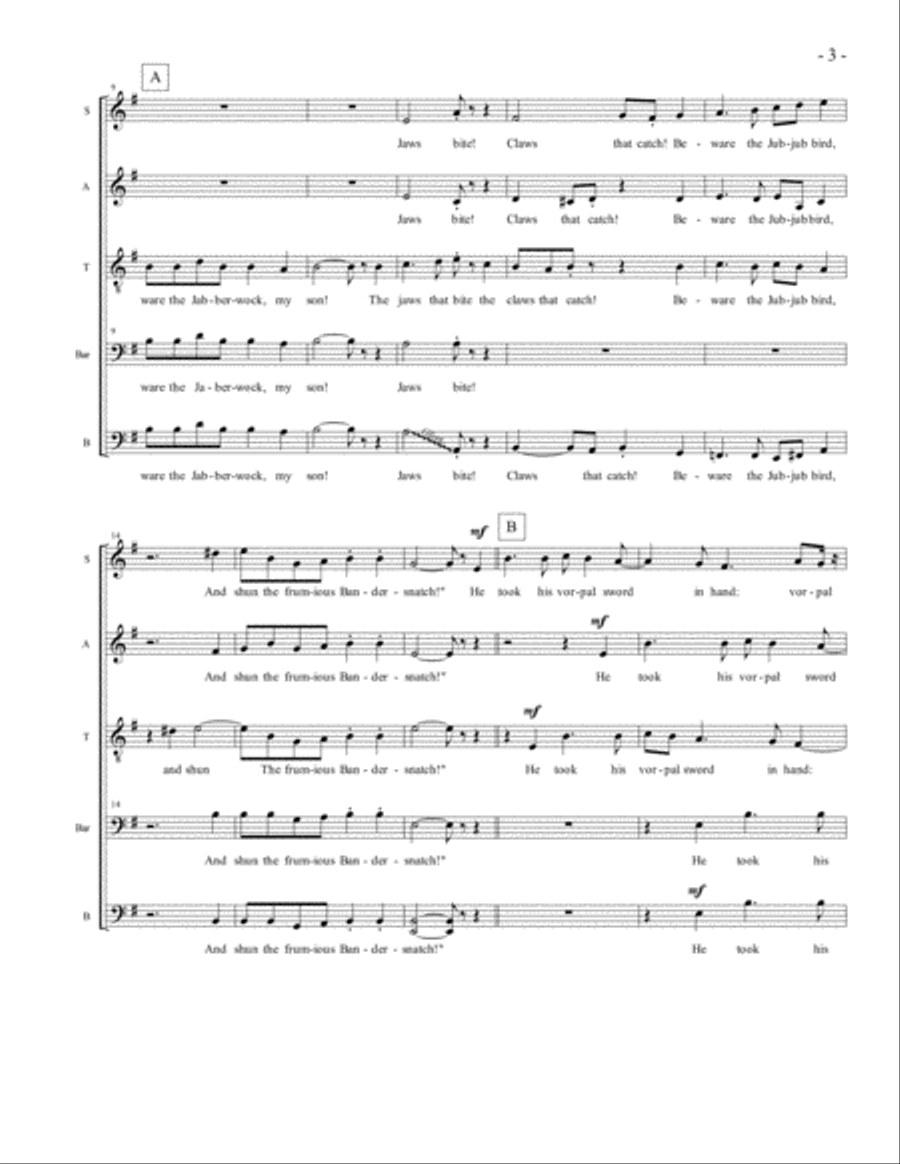 Jabberwock, by Steve Danielson, SATBB, a cappella 4-Part scores gallery preview page 3